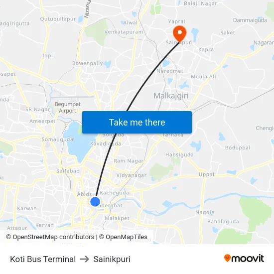 Koti Bus Terminal to Sainikpuri map