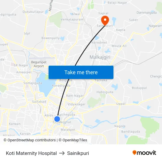 Koti Maternity Hospital to Sainikpuri map
