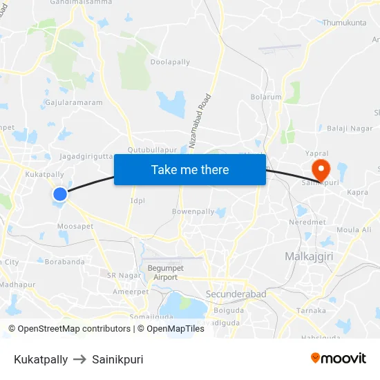 Kukatpally to Sainikpuri map