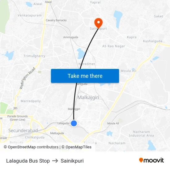 Lalaguda Bus Stop to Sainikpuri map