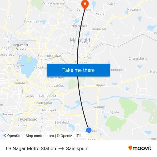 LB Nagar Metro Station to Sainikpuri map