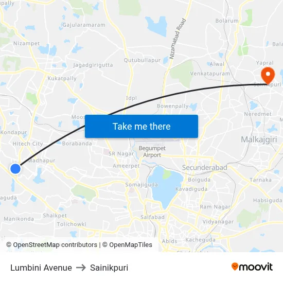Lumbini Avenue to Sainikpuri map