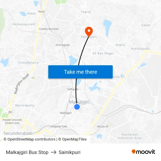 Malkajgiri Bus Stop to Sainikpuri map