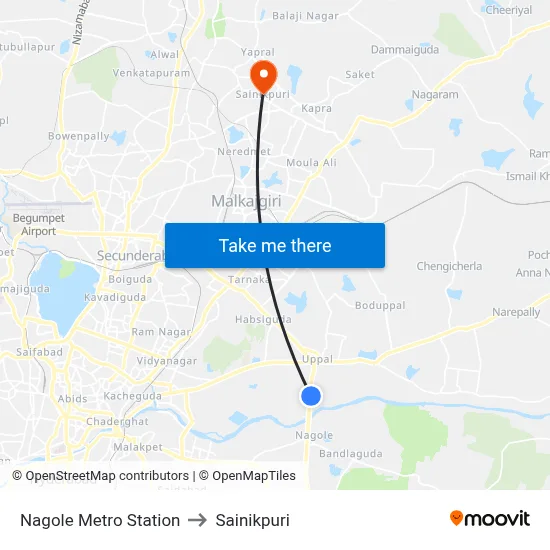 Nagole Metro Station to Sainikpuri map