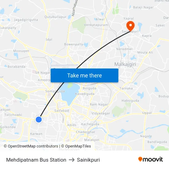 Mehdipatnam Bus Station to Sainikpuri map