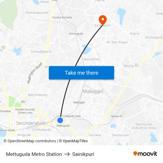 Mettuguda Metro Station to Sainikpuri map