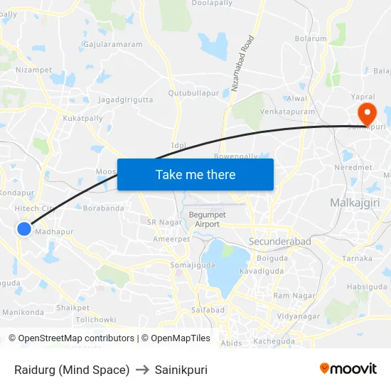 Raidurg (Mind Space) to Sainikpuri map