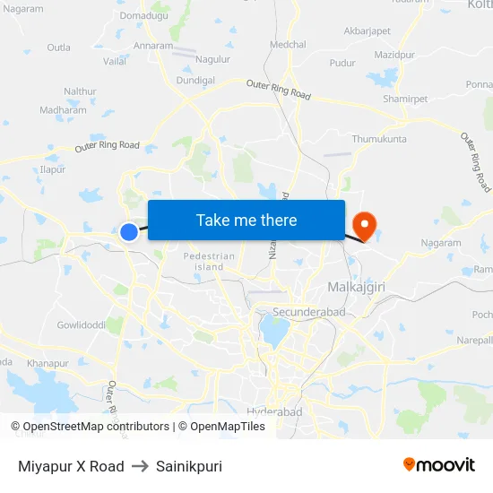 Miyapur X Road to Sainikpuri map