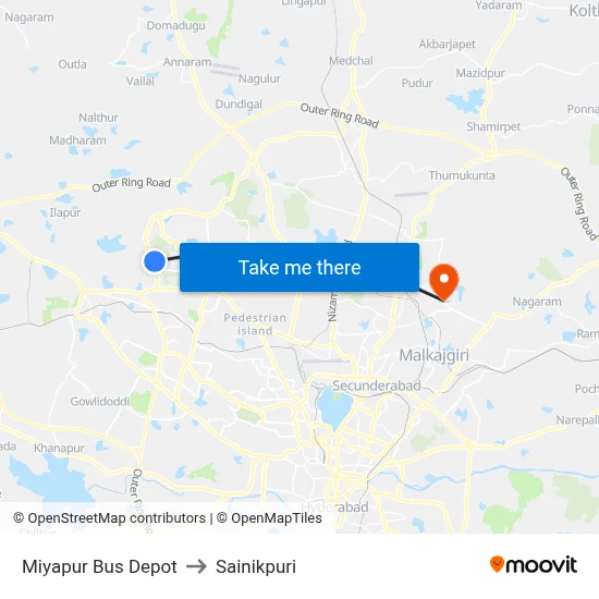 Miyapur Bus Depot to Sainikpuri map