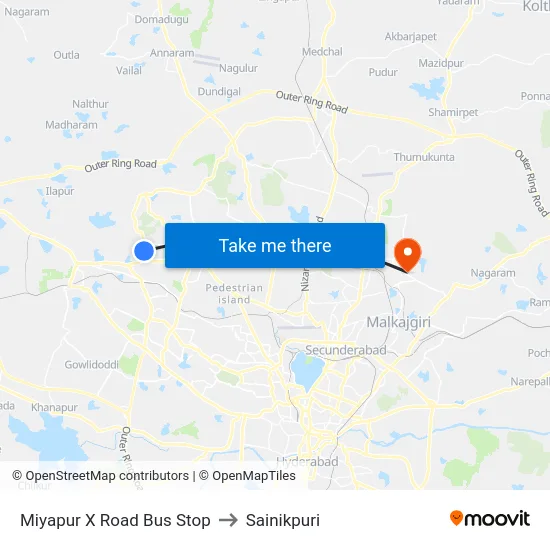 Miyapur X Road Bus Stop to Sainikpuri map