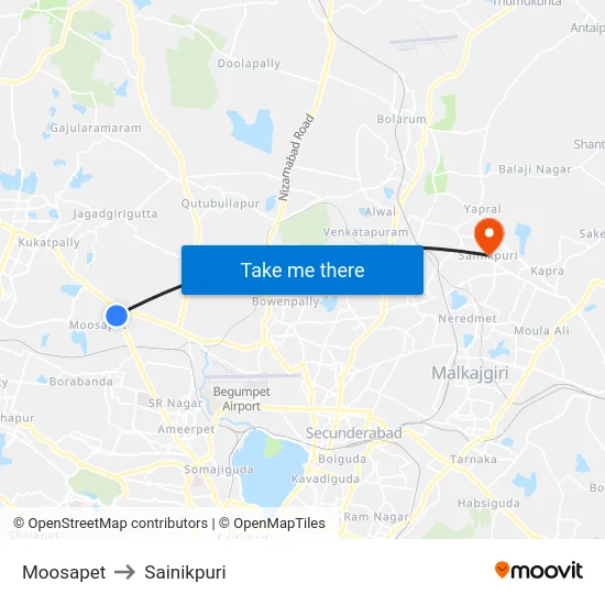 Moosapet to Sainikpuri map