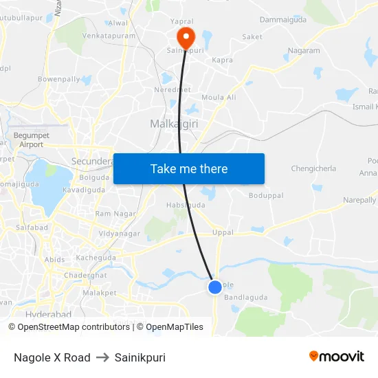 Nagole X Road to Sainikpuri map