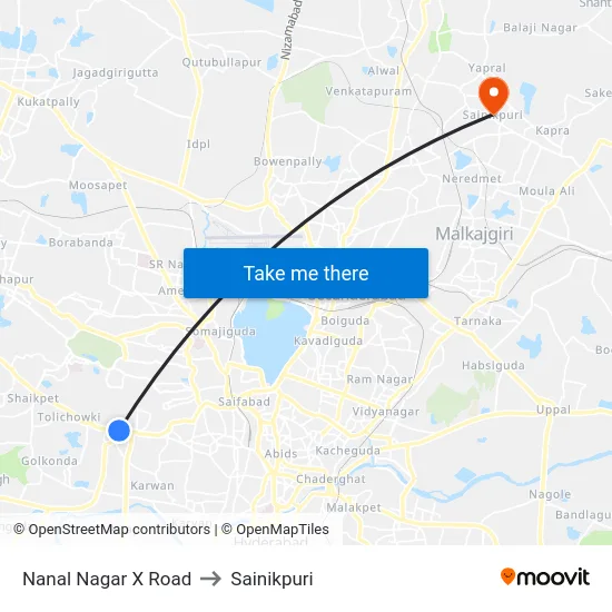 Nanal Nagar X Road to Sainikpuri map
