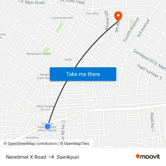Neredmet X Road to Sainikpuri map