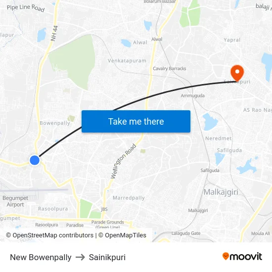 New Bowenpally to Sainikpuri map