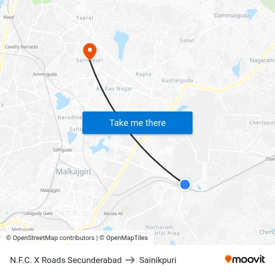 N.F.C. X Roads Secunderabad to Sainikpuri map