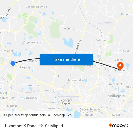 Nizampet X Road to Sainikpuri map