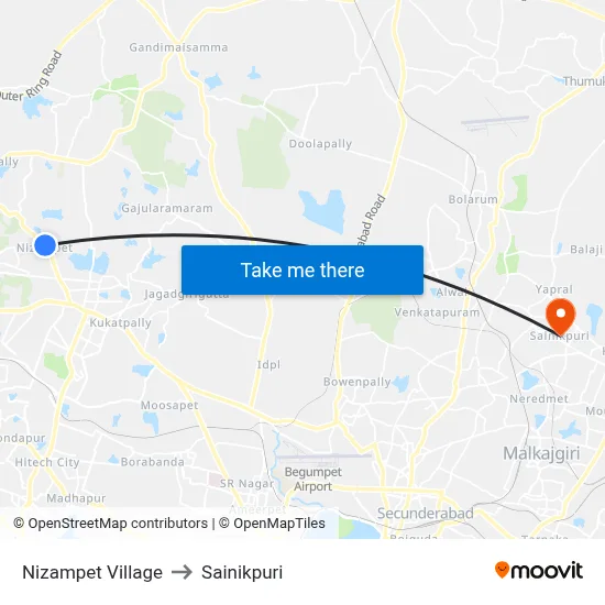 Nizampet Village to Sainikpuri map