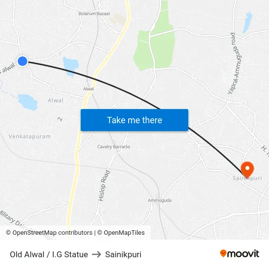 Old Alwal / I.G Statue to Sainikpuri map
