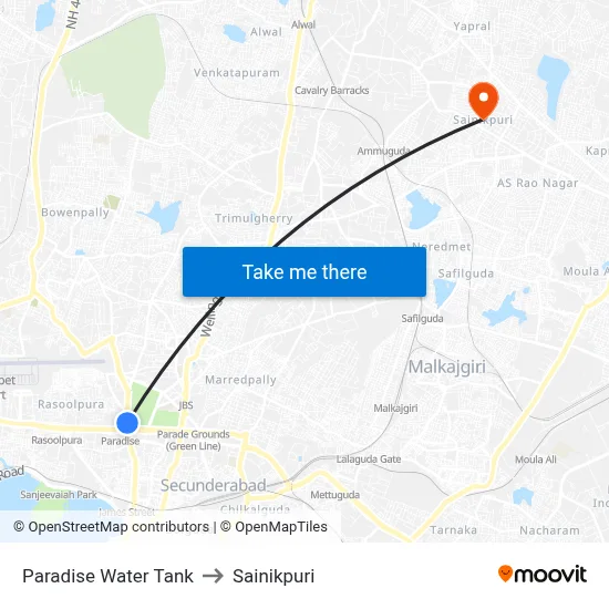 Paradise Water Tank to Sainikpuri map