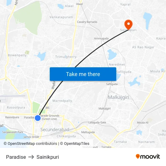 Paradise to Sainikpuri map