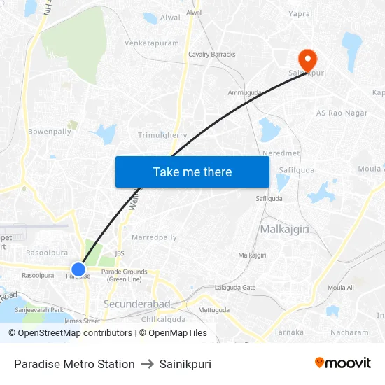Paradise Metro Station to Sainikpuri map