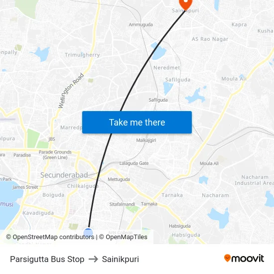 Parsigutta Bus Stop to Sainikpuri map