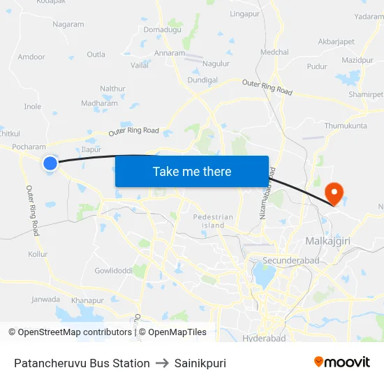 Patancheruvu Bus Station to Sainikpuri map