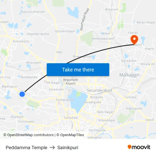 Peddamma Temple to Sainikpuri map