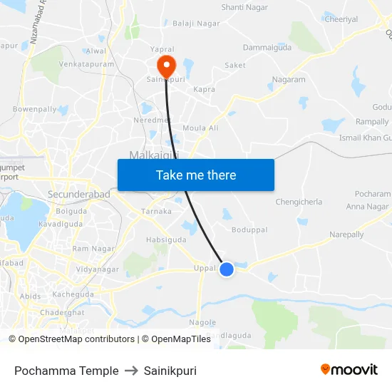 Pochamma Temple to Sainikpuri map