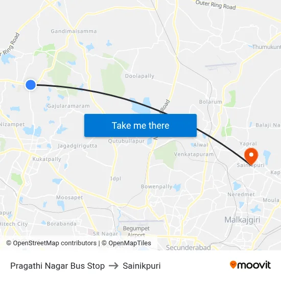 Pragathi Nagar Bus Stop to Sainikpuri map