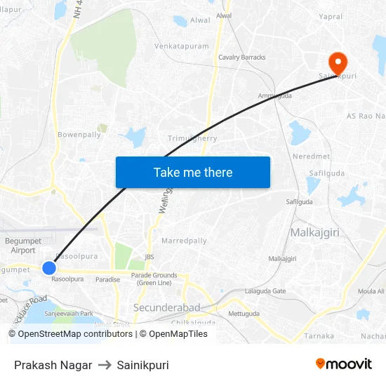 Prakash Nagar to Sainikpuri map