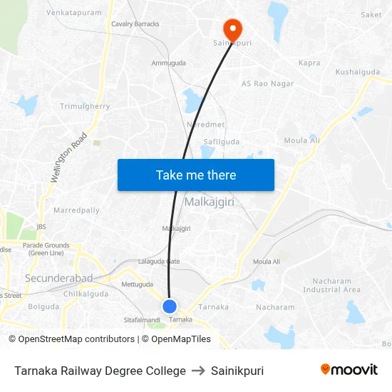 Tarnaka Railway Degree College to Sainikpuri map