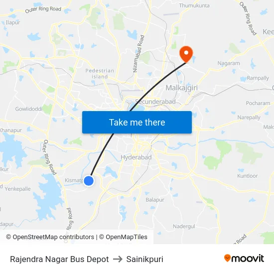 Rajendra Nagar Bus Depot to Sainikpuri map