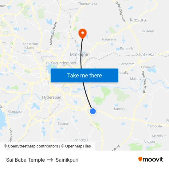 Sai Baba Temple to Sainikpuri map