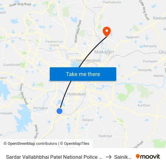 Sardar Vallabhbhai Patel National Police Academy to Sainikpuri map