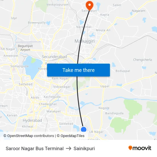 Saroor Nagar Bus Terminal to Sainikpuri map