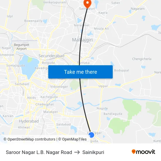Saroor Nagar L.B. Nagar Road to Sainikpuri map