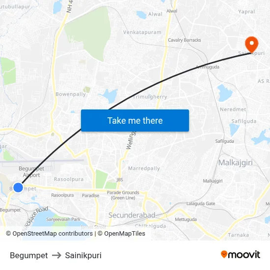 Begumpet to Sainikpuri map