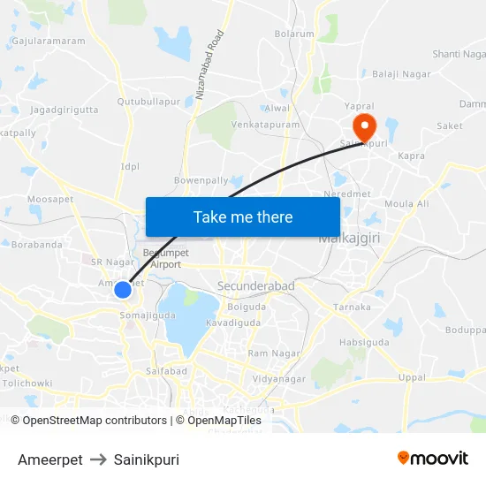 Ameerpet to Sainikpuri map