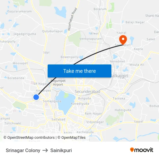 Srinagar Colony to Sainikpuri map