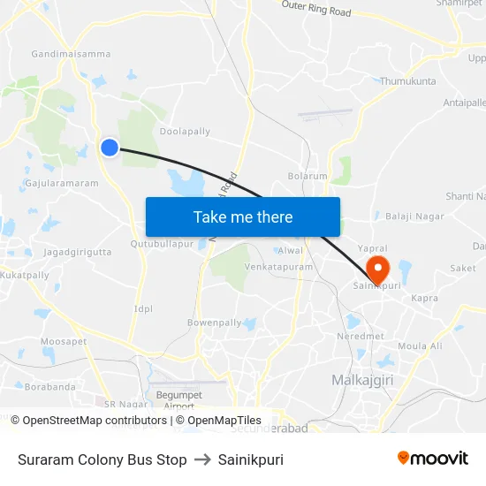 Suraram Colony Bus Stop to Sainikpuri map