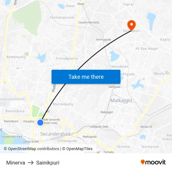Minerva to Sainikpuri map