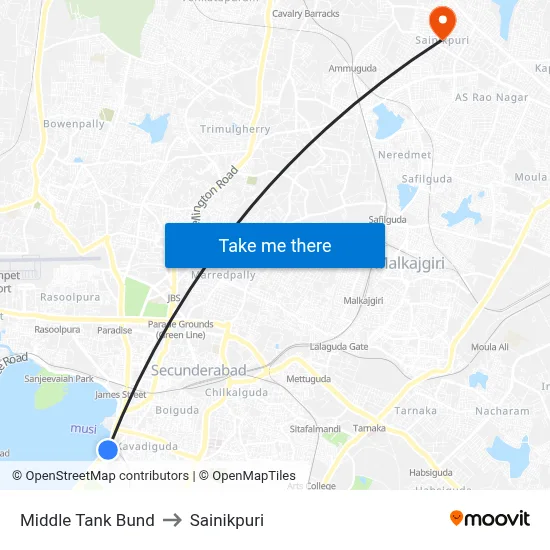 Middle Tank Bund to Sainikpuri map