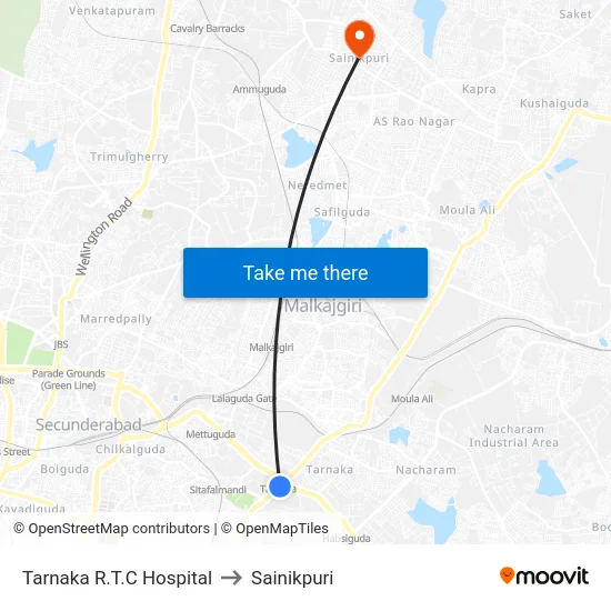 Tarnaka R.T.C Hospital to Sainikpuri map