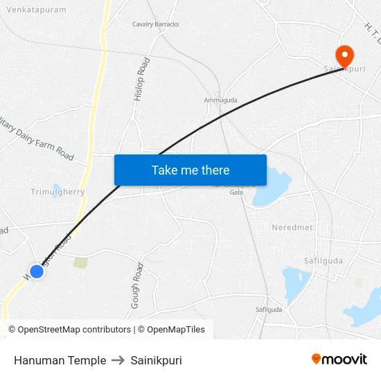Hanuman Temple to Sainikpuri map