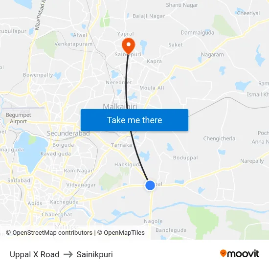 Uppal X Road to Sainikpuri map