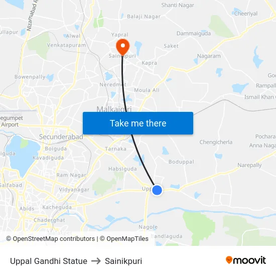 Uppal Gandhi Statue to Sainikpuri map