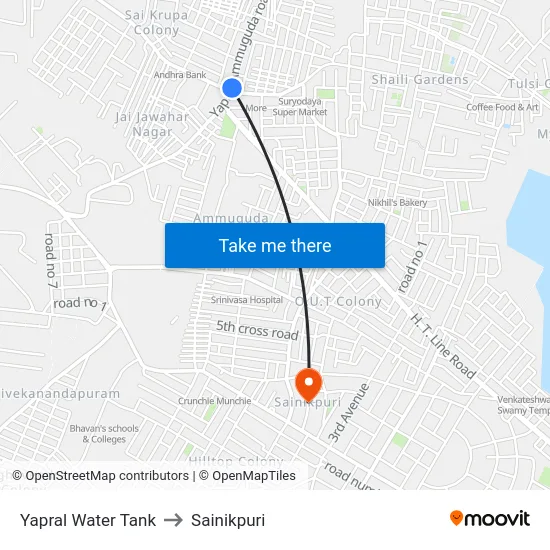 Yapral Water Tank to Sainikpuri map