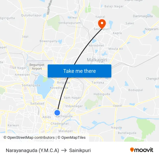Narayanaguda (Y.M.C.A) to Sainikpuri map